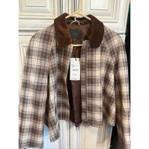 Zara Women's Plaid Full Zip Velvet Collar Cropped Cape Jacket Brown XS NWT